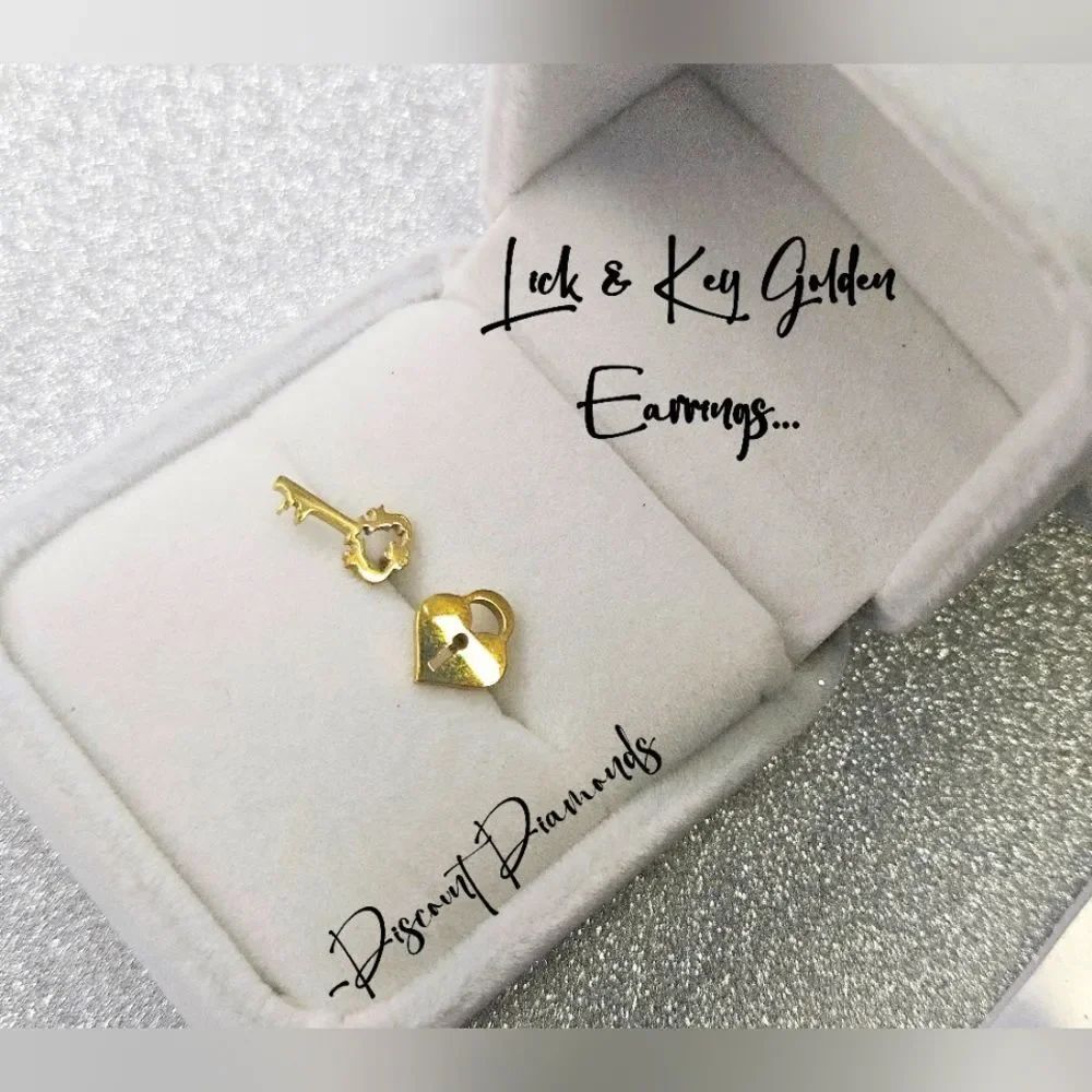 Gold Titanium Lock and Key Stud Pushback Earrings.
